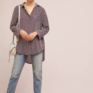 Anthropologie Maeve Adelaide Poplin Striped Pleated Tunic Red Blue size medium